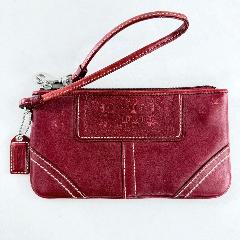 Coach Red Leather Mini Bag Logo Patch Nickel Bag Charm Wristlet Wallet Clutch